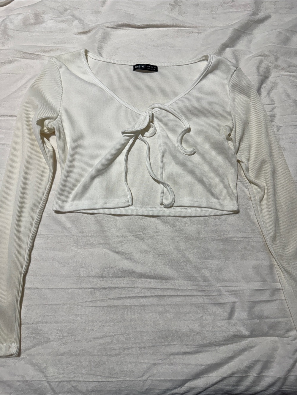SHEIN White Ribbed Tie-Front Long Sleeve Crop Top